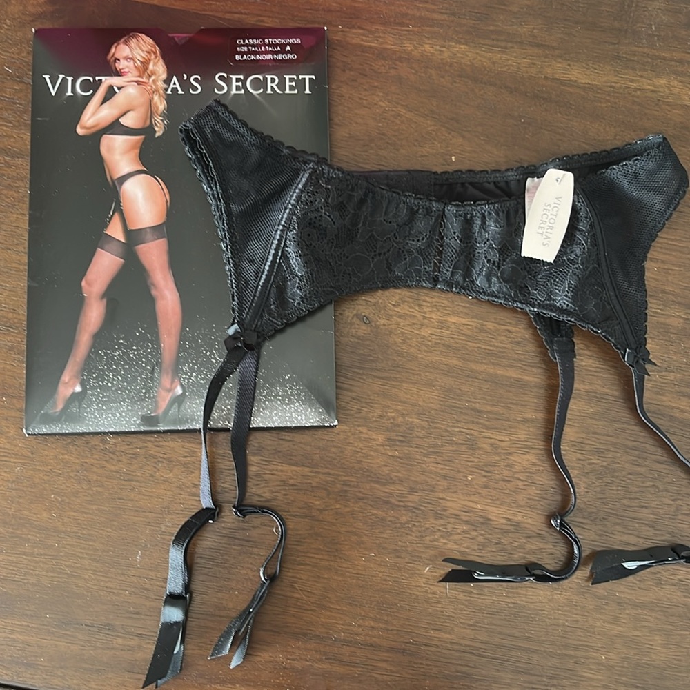 Victoria’s Secret Black Lace Garter Belt and Hosiery
